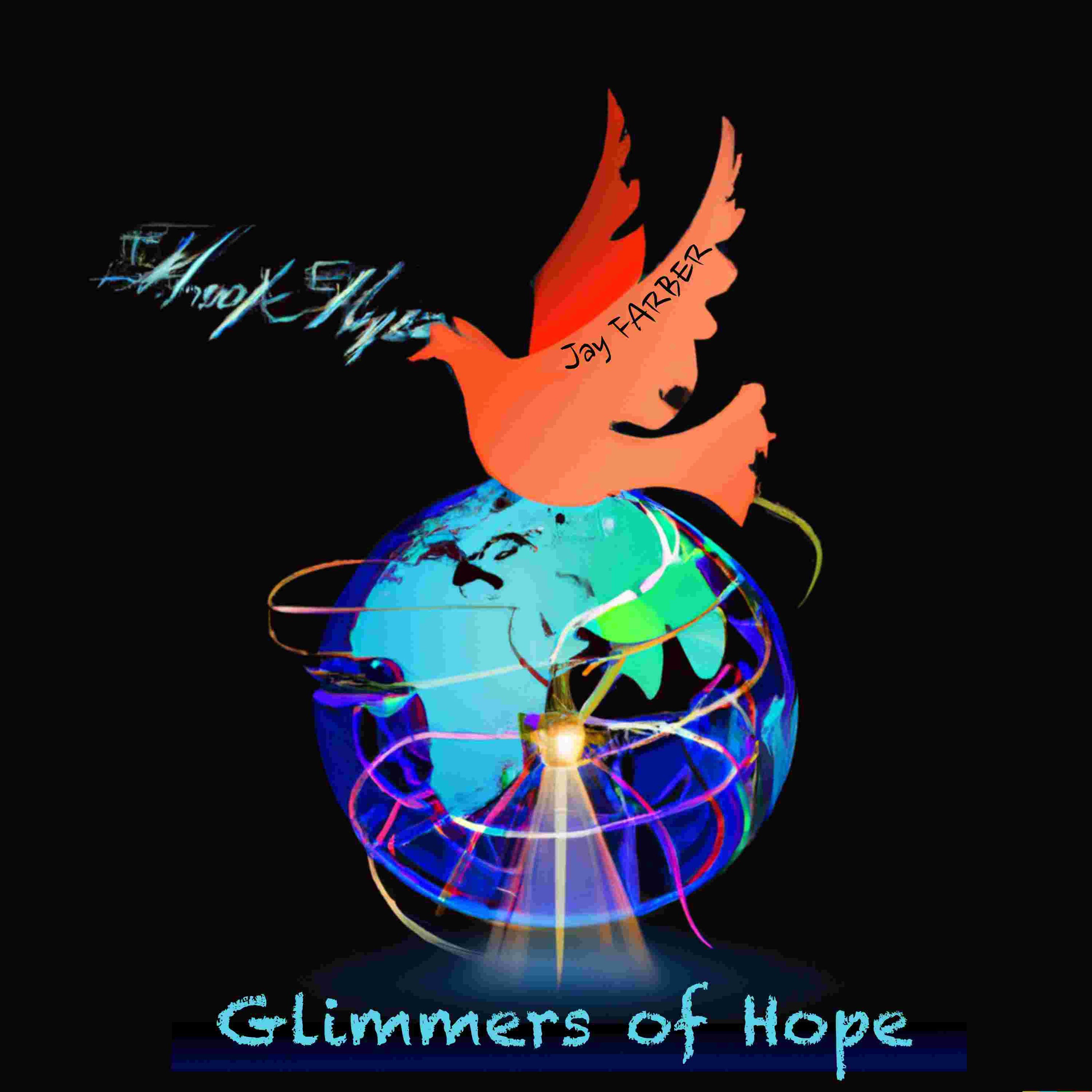 A Dove sitting on a modern art take of a Globe And Song title Name Glimmers of Hope.